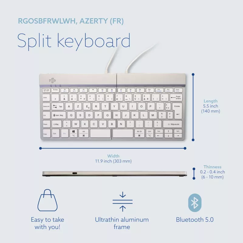 Ergonomiczna klawiatura R-Go Split Break z oprogramowaniem do przerw, ergonomiczna dzielona klawiatura, AZERTY (FR), Bluetooth, biała