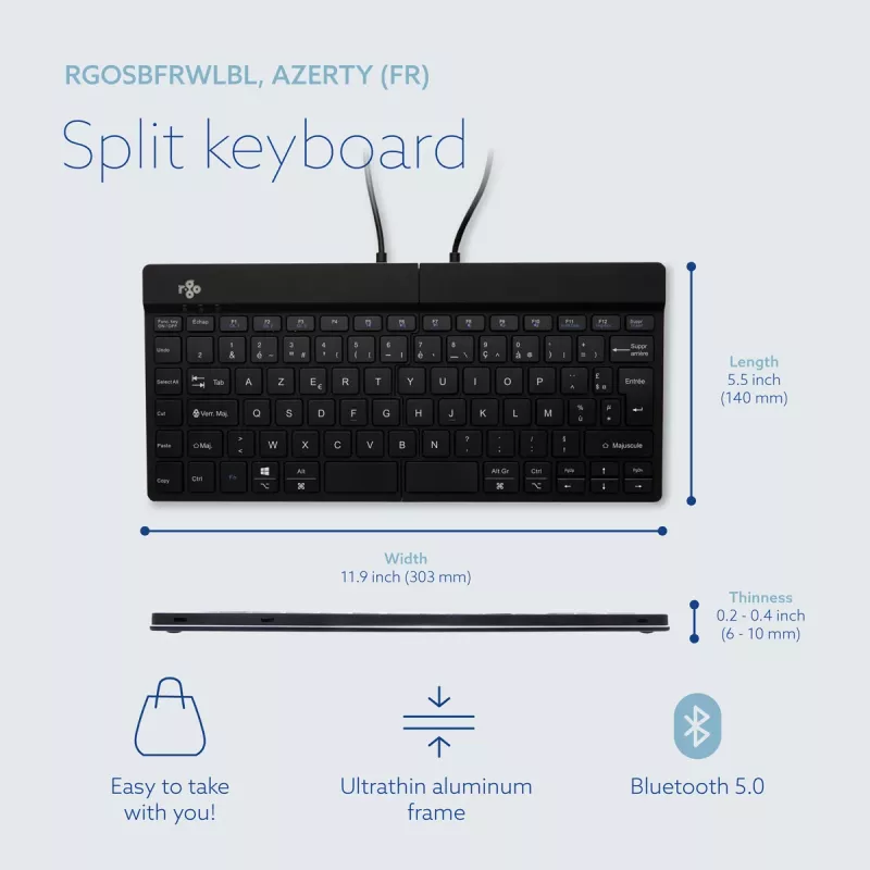 Ergonomiczna klawiatura R-Go Tools R-Go Split Break z oprogramowaniem przypominającym o przerwach, ergonomiczna klawiatura dzielona, AZERTY (FR), Bluetooth, czarna