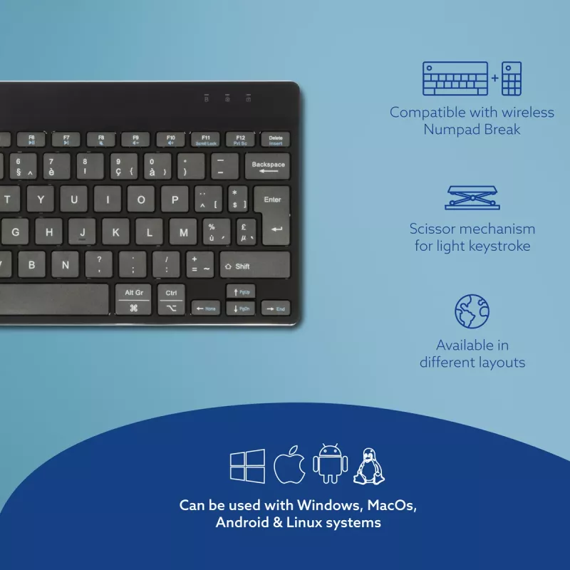 R-Go Tools Ergonomiczna klawiatura R-Go Compact Break, kompaktowa klawiatura z oprogramowaniem przerw, AZERTY (BE), Bluetooth, czarna