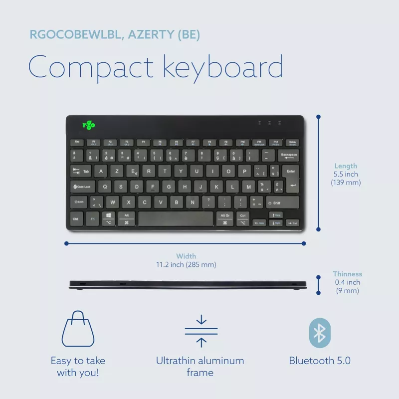 R-Go Tools Ergonomiczna klawiatura R-Go Compact Break, kompaktowa klawiatura z oprogramowaniem przerw, AZERTY (BE), Bluetooth, czarna