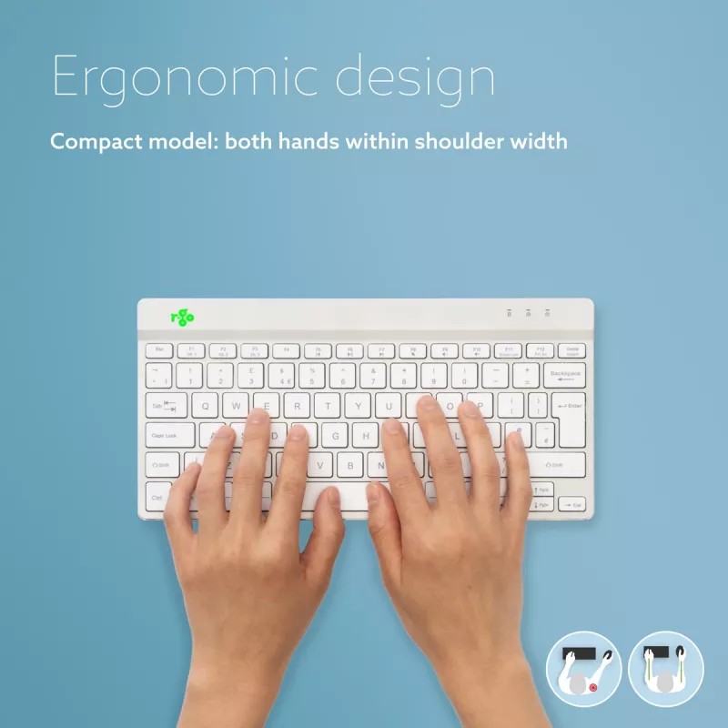 Ergonomiczna klawiatura R-Go Tools R-Go Compact Break, klawiatura kompaktowa z oprogramowaniem przypominającym o przerwach, AZERTY (BE), Bluetooth, biała