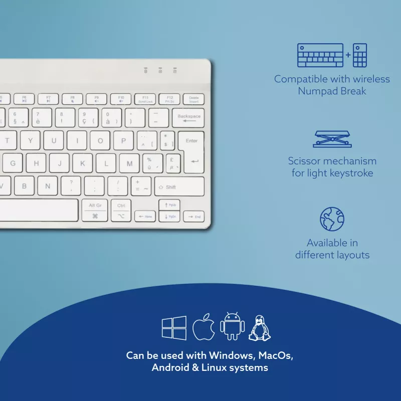 Ergonomiczna klawiatura R-Go Tools R-Go Compact Break, klawiatura kompaktowa z oprogramowaniem przypominającym o przerwach, AZERTY (BE), Bluetooth, biała