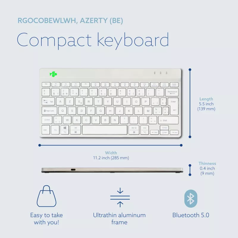 Ergonomiczna klawiatura R-Go Tools R-Go Compact Break, klawiatura kompaktowa z oprogramowaniem przypominającym o przerwach, AZERTY (BE), Bluetooth, biała