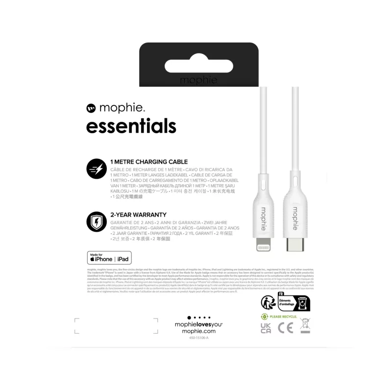 kabel ładujący mophie essentials Lightning na USB-C (1M) biały