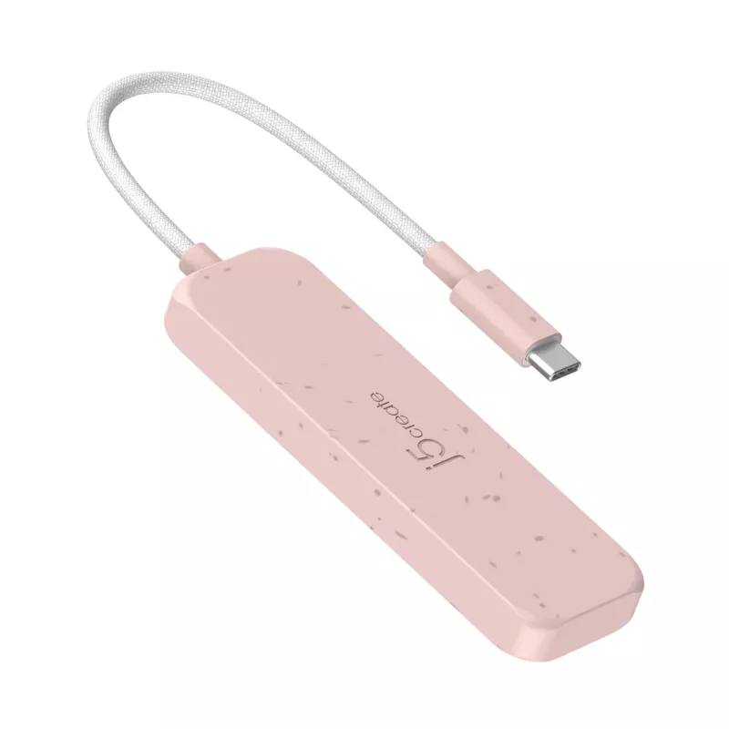 Hub USB-C do 4 portów USB-A Gen 2 j5create — 10 Gbps, USB 3.2, różowy, tworzywo ABS z recyklingu, 100×27×19 mm