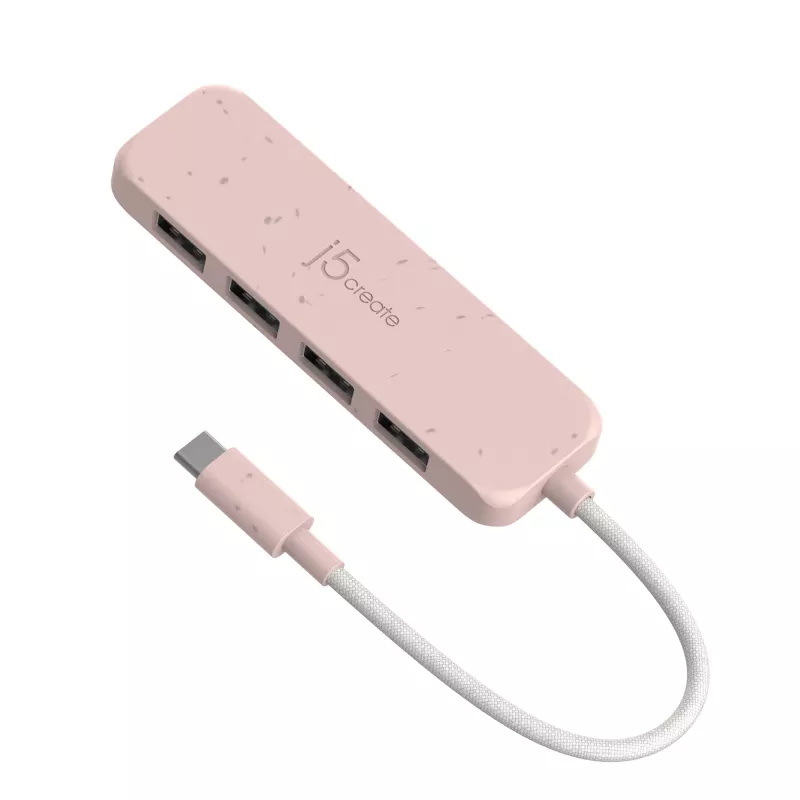 Hub USB-C do 4 portów USB-A Gen 2 j5create — 10 Gbps, USB 3.2, różowy, tworzywo ABS z recyklingu, 100×27×19 mm