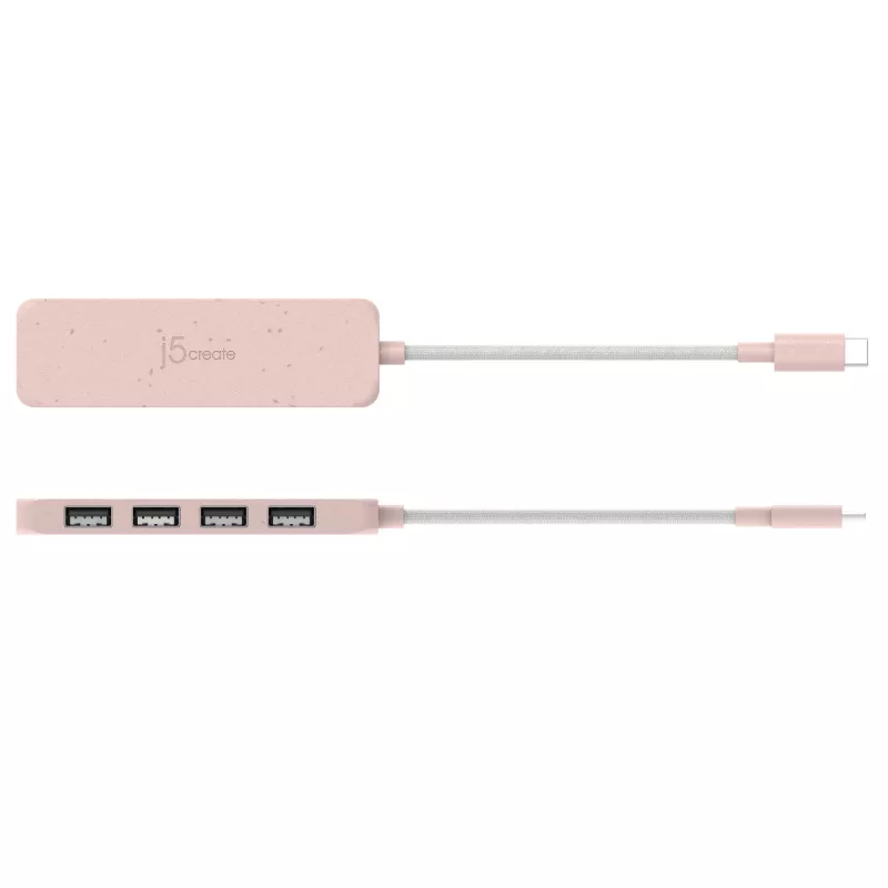 Hub USB-C do 4 portów USB-A Gen 2 j5create — 10 Gbps, USB 3.2, różowy, tworzywo ABS z recyklingu, 100×27×19 mm