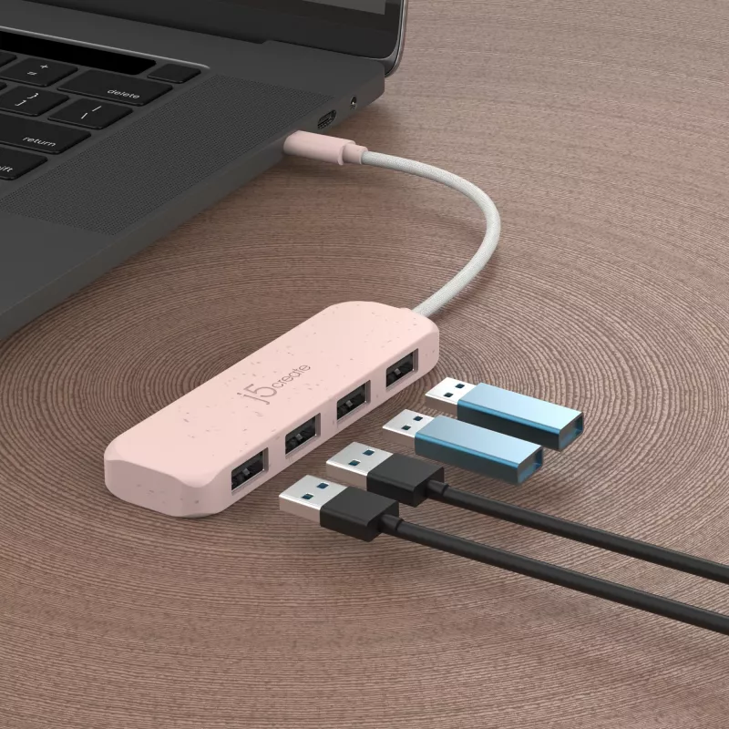 Hub USB-C do 4 portów USB-A Gen 2 j5create — 10 Gbps, USB 3.2, różowy, tworzywo ABS z recyklingu, 100×27×19 mm