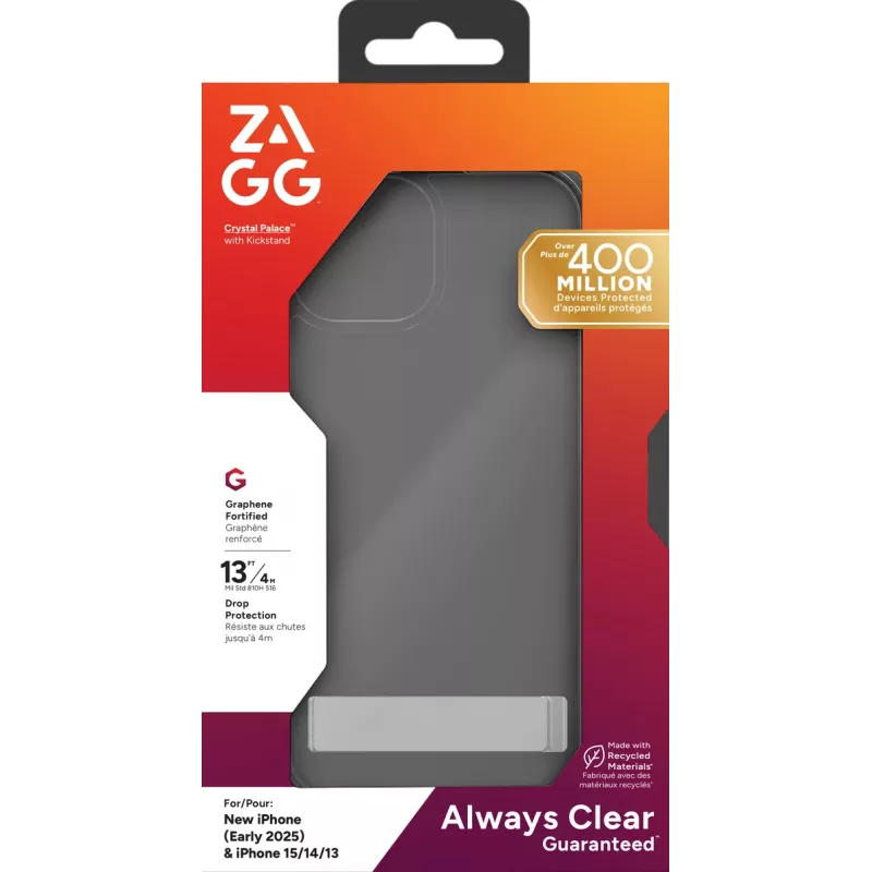 ZAGG Crystal Palace Kickstand etui iPhone 16/15/14/13 Clear, Cover, Apple, iPhone 17e/16e/15/14/13, 15.5 cm (6.1 inch), Transparent