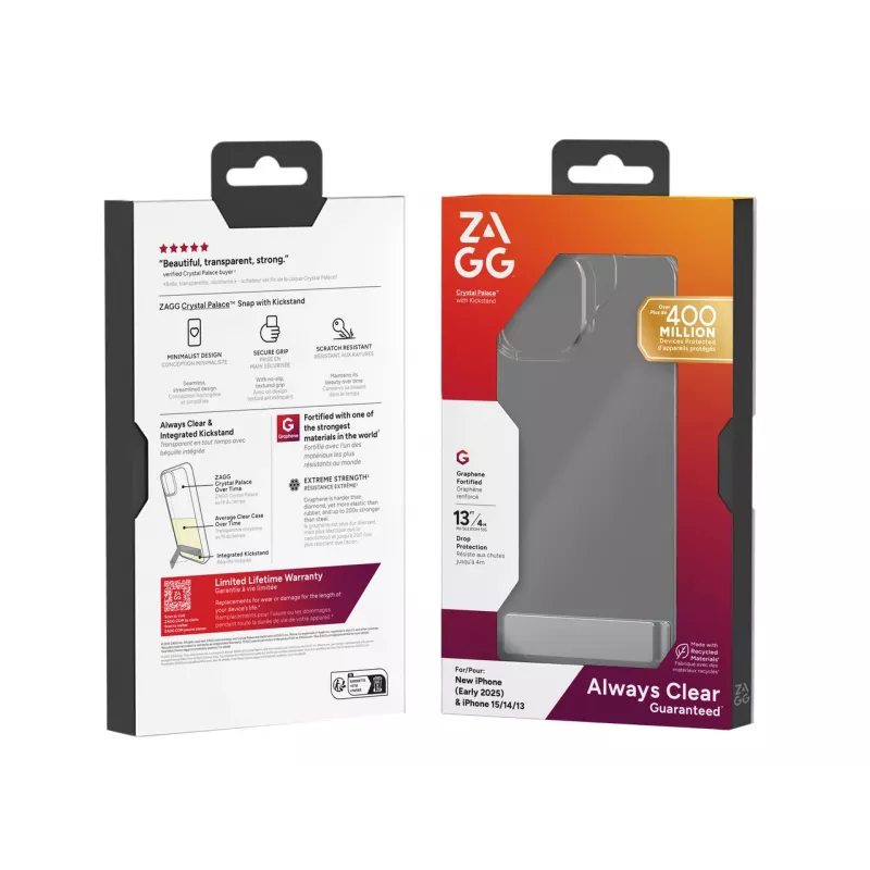 ZAGG Crystal Palace Kickstand etui iPhone 16/15/14/13 Clear, Cover, Apple, iPhone 17e/16e/15/14/13, 15.5 cm (6.1 inch), Transparent