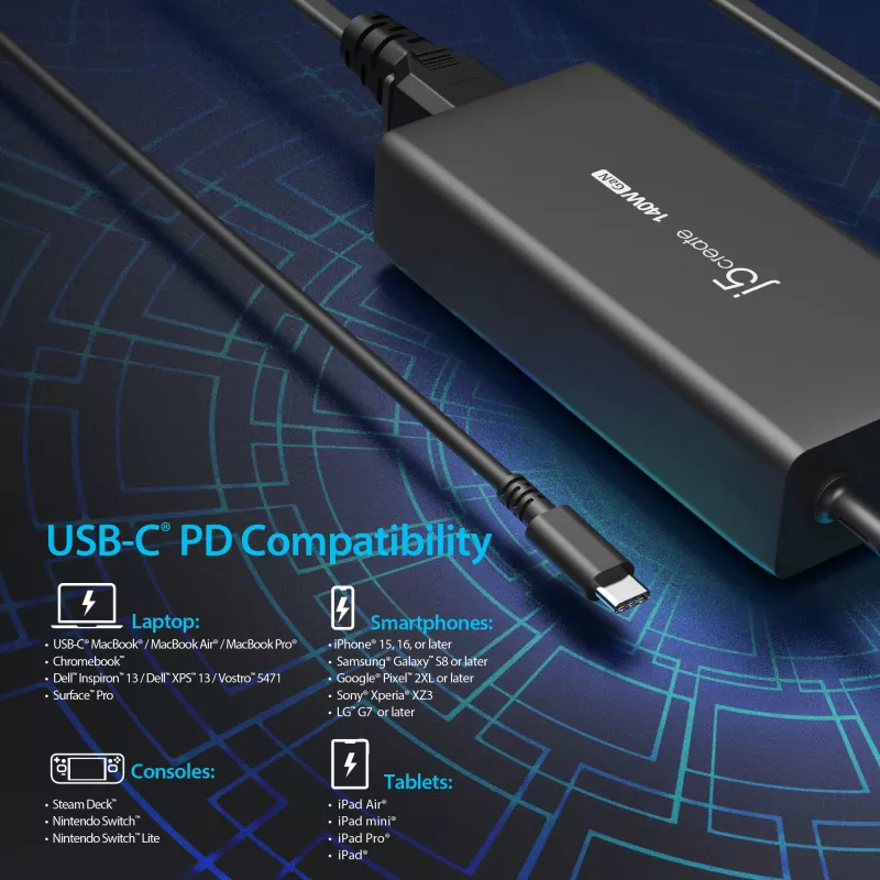 Ładowarka USB-C GaN j5create JUP17140 140W PD3.1, do użytku wewnętrznego, czarna, 59×127×30,5 mm