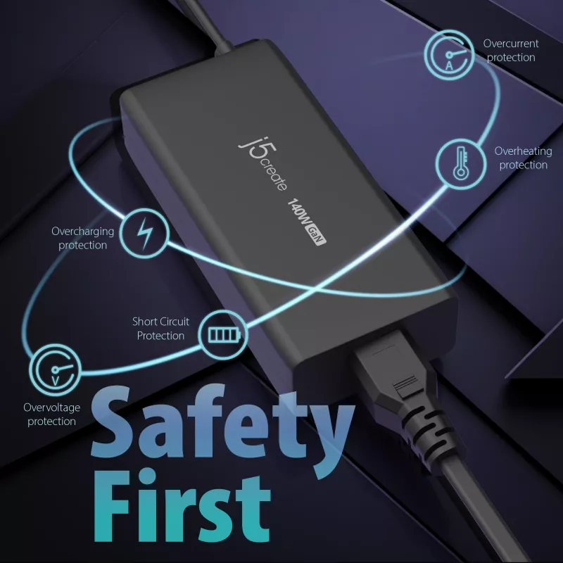 Ładowarka USB-C GaN j5create JUP17140 140W PD3.1, do użytku wewnętrznego, czarna, 59×127×30,5 mm