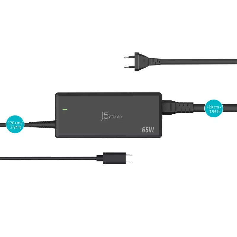 Zasilacz USB-C PD j5create JUP1265 — 65 W, do użytku wewnętrznego, czarny, tworzywo sztuczne, 118×32×50 mm (EU)