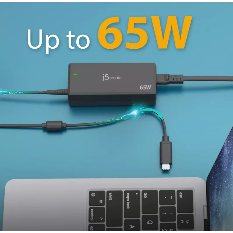 Zasilacz USB-C PD j5create JUP1265 — 65 W, do użytku wewnętrznego, czarny, tworzywo sztuczne, 118×32×50 mm (EU)