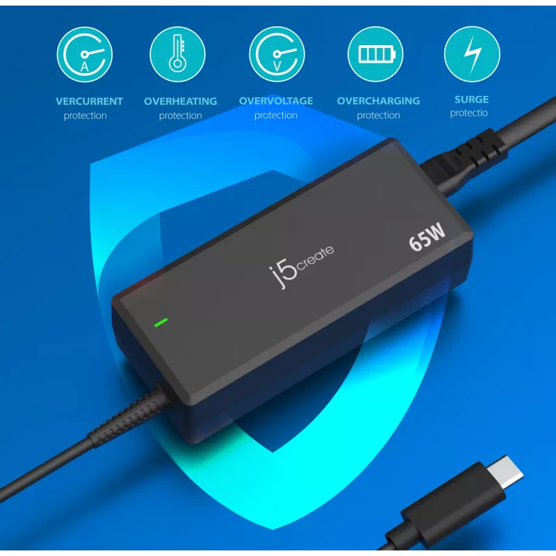Zasilacz USB-C PD j5create JUP1265 — 65 W, do użytku wewnętrznego, czarny, tworzywo sztuczne, 118×32×50 mm (EU)