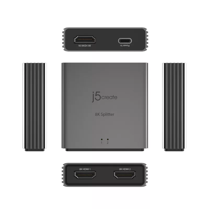j5create JDSH812 ​​8K HDMI™ 2.1 2-drożny rozdzielacz, HDMI, 2x HDMI, 7680 x 4320 pikseli, szary, aluminium, 8K Ultra HD
