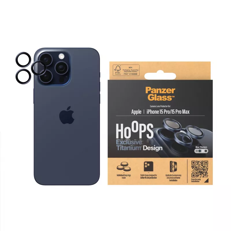 PanzerGlass Hoops Ochrona obiektywu aparatu iPhone 15 Pro 15 Pro Max Niebieski Tytan Odporność na zarysowania i wstrząsy