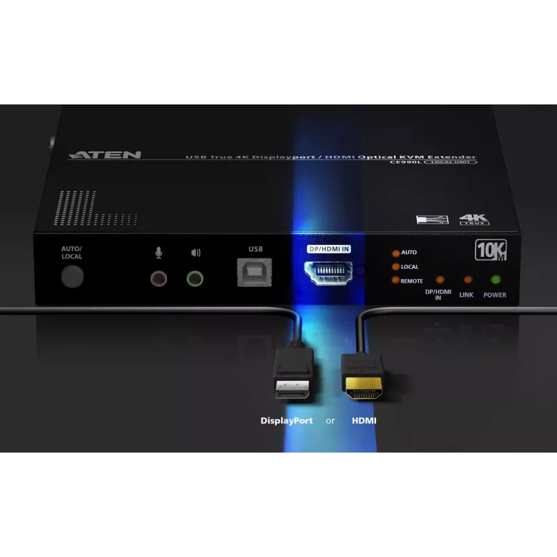 ATEN True 4K DP/HDMI Optical KVM 10km, Transmitter & receiver, Wired, 10000 m, 4096 x 2160 pixels, Czarny, Metal