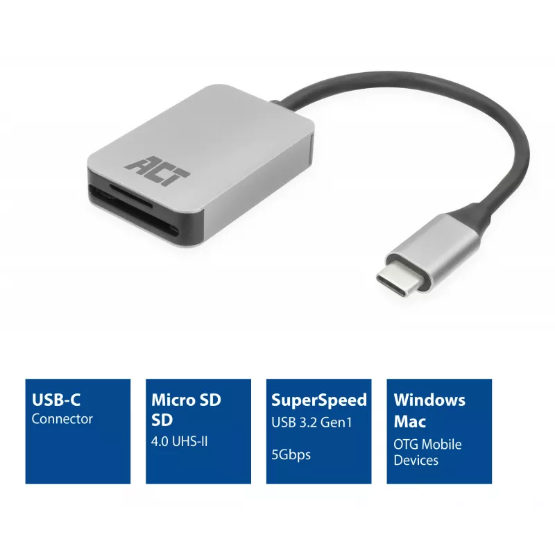 Czytnik kart ACT AC7056 USB 3.2 Gen 1 Type-C Szary MicroSD SD