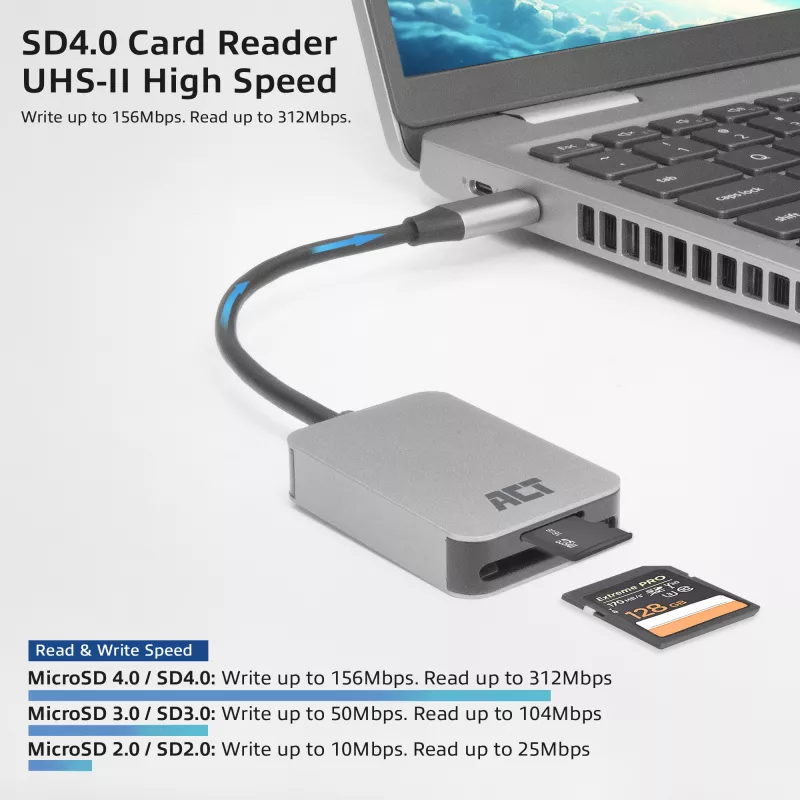Czytnik kart ACT AC7056 USB 3.2 Gen 1 Type-C Szary MicroSD SD