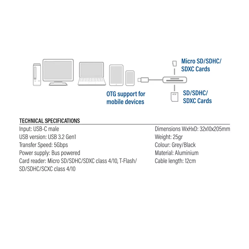 Czytnik kart ACT AC7056 USB 3.2 Gen 1 Type-C Szary MicroSD SD