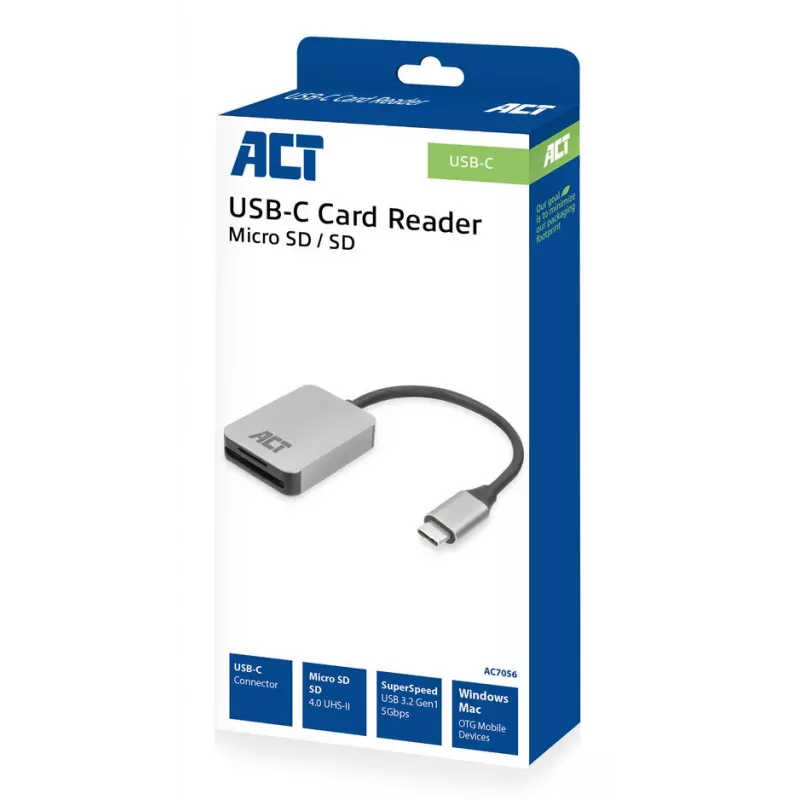 Czytnik kart ACT AC7056 USB 3.2 Gen 1 Type-C Szary MicroSD SD