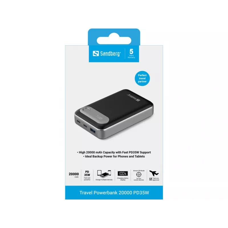 Sandberg Travel Powerbank 20000 PD35W, 20000 mAh, polimer litowo-jonowy (LiPo), 3,7 V, Czarny, Srebrny