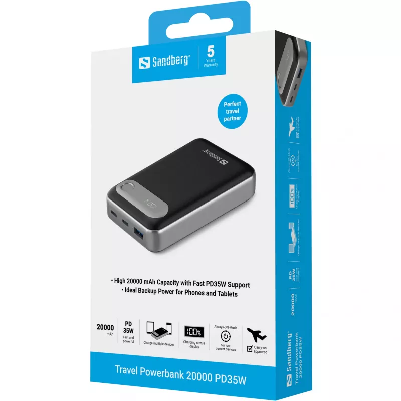 Sandberg Travel Powerbank 20000 PD35W, 20000 mAh, polimer litowo-jonowy (LiPo), 3,7 V, Czarny, Srebrny