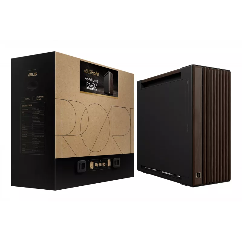 Obudowa PC ASUS ProArt PA602 Wood Edition Midi Tower — Czarno-Drewniana, obsługuje ATX/EATX, 2x200mm z przodu, 1x140mm z tyłu