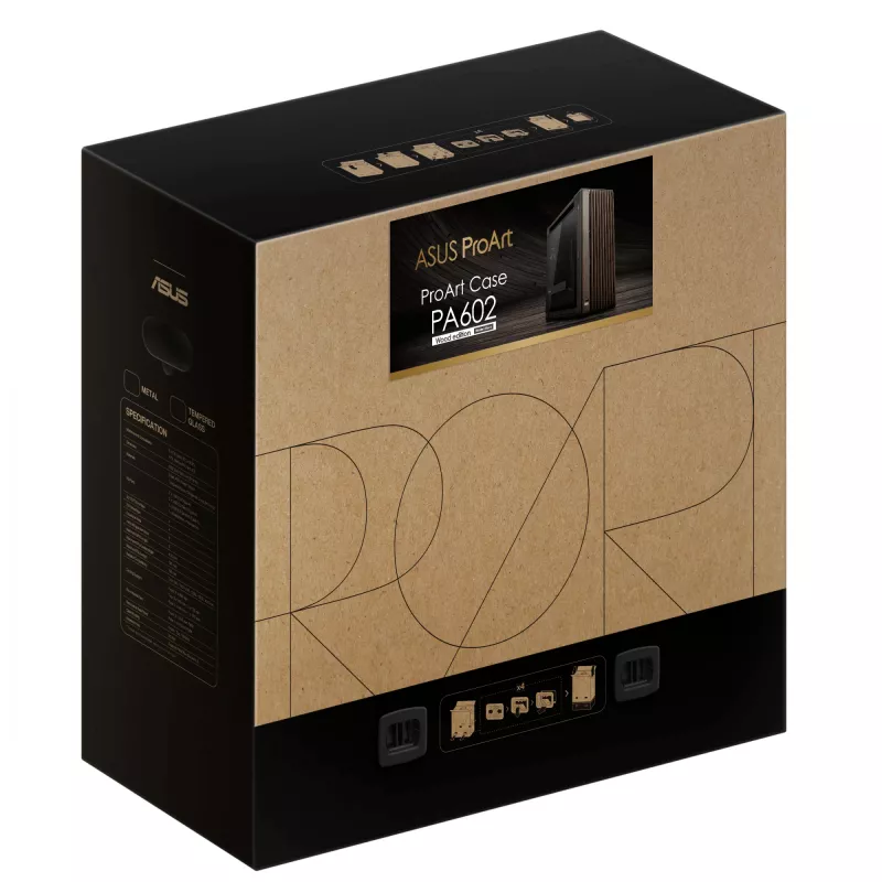 ASUS ProArt PA602 Wood Edition Modern Czarny - panel z hartowanego szkła, czarna obudowa midi tower, drewno