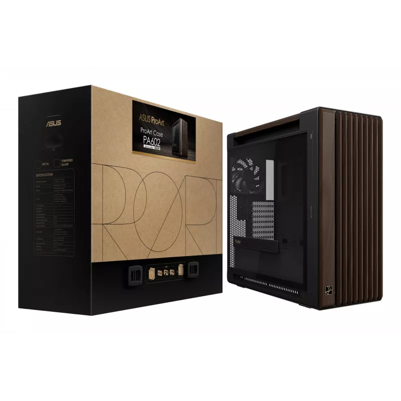 ASUS ProArt PA602 Wood Edition Modern Czarny - panel z hartowanego szkła, czarna obudowa midi tower, drewno