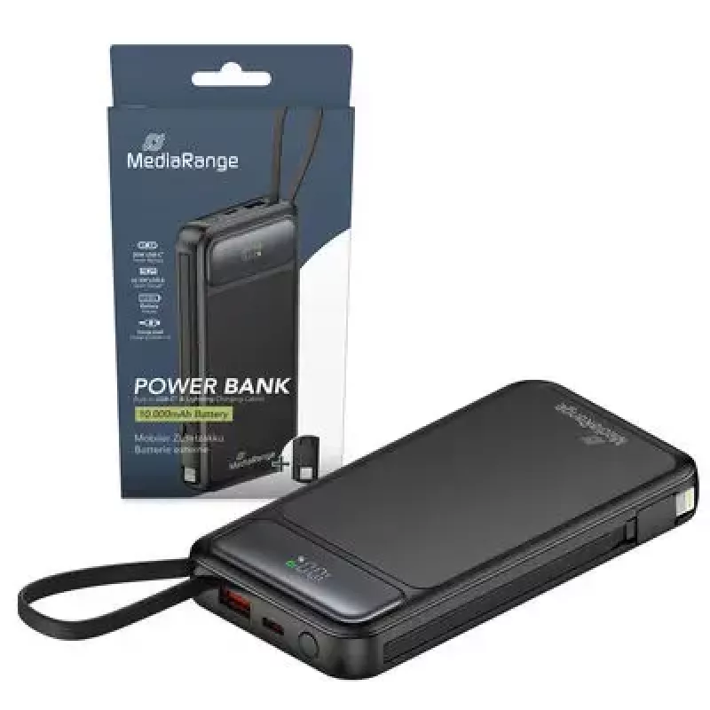 Powerbank MediaRange MRMA753 10 000 mAh LiPo ze zintegrowanymi kablami, wyświetlaczem LC, USB-C PD i Quick Charge, czarny