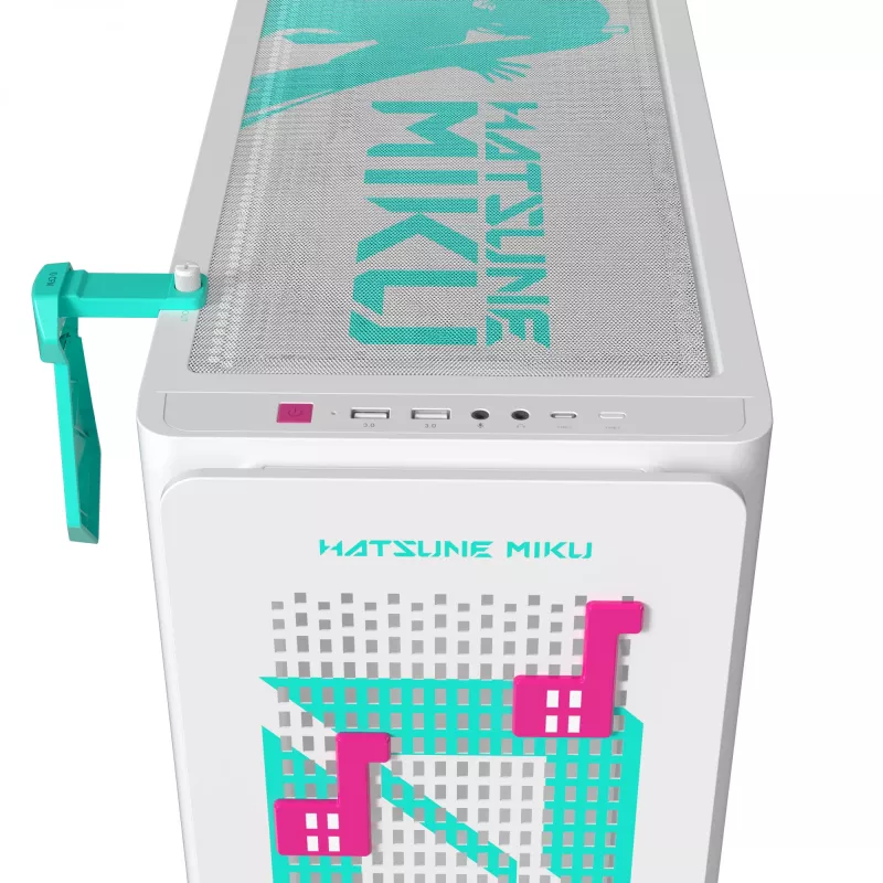 Obudowa PC ASUS A23 Hatsune Miku Edition — micro ATX / Mini-ITX, obsługa wentylatorów 120/140 mm, wnęki na dyski 2,5 cala i 3,5 cala, turkusowo/biała