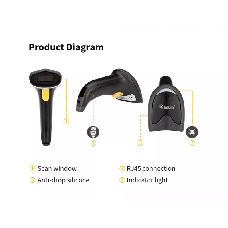 Ręczny skaner kodów kreskowych Equip 1D laserowy USB przewodowy czarny ABS