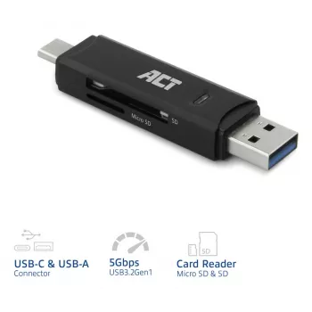 Czytnik kart ACT USB-C/USB-A 3.0 Czarny
