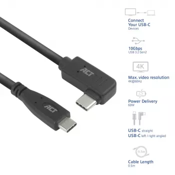 ACT USB 3.0 10Gbps 60W USB Type-C (prosty) do USB Type-C (kątowy lewy/prawy) Kabel, 0,5 metra