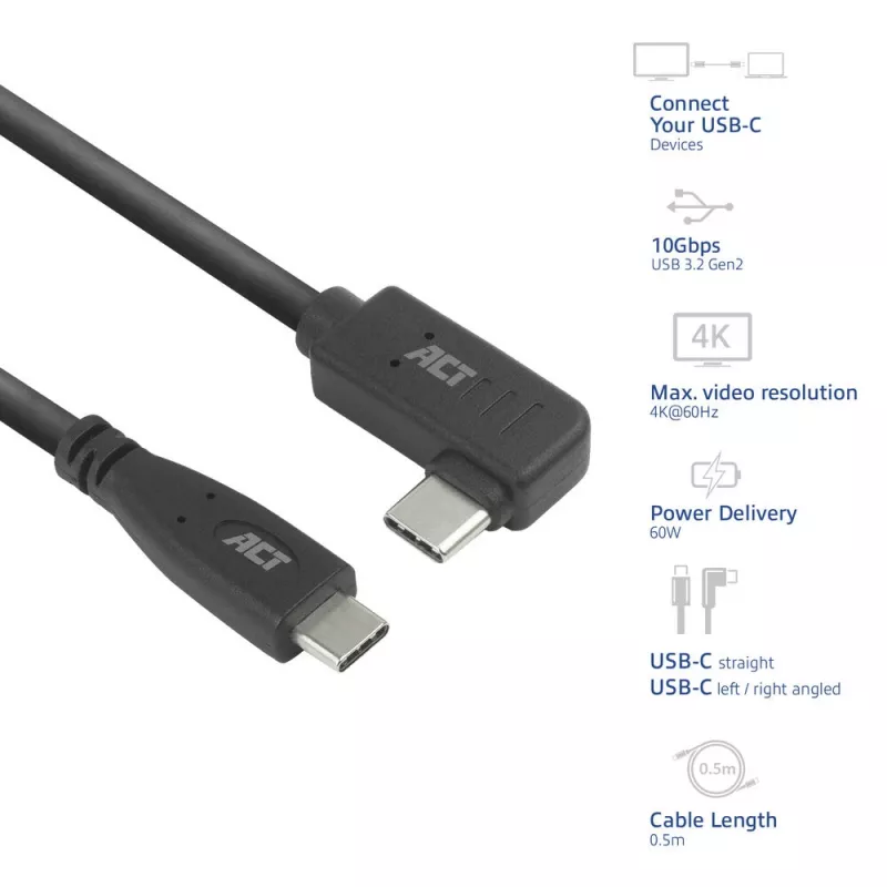 ACT USB 3.0 10Gbps 60W USB Type-C (prosty) na USB Type-C (kątowy lewy/prawy) kabel, 3 metry