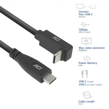 ACT USB 3.0 10Gbps 60W USB Type-C (prosty) do USB Type-C (kątowy) kabel AC7471