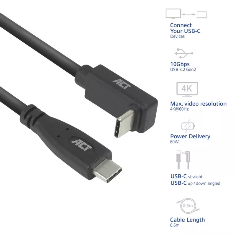 ACT USB 3.0 10 Gb/s 60 W USB Type-C (prosty) do USB Type-C (kątowy góra/dół) kabel, 2 metry