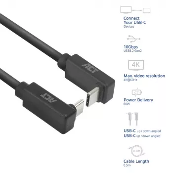ACT USB 3.0 10Gbps 60W USB Type-C (kąt góra/dół) do USB Type-C (kąt góra/dół), kabel, 0,5 metra