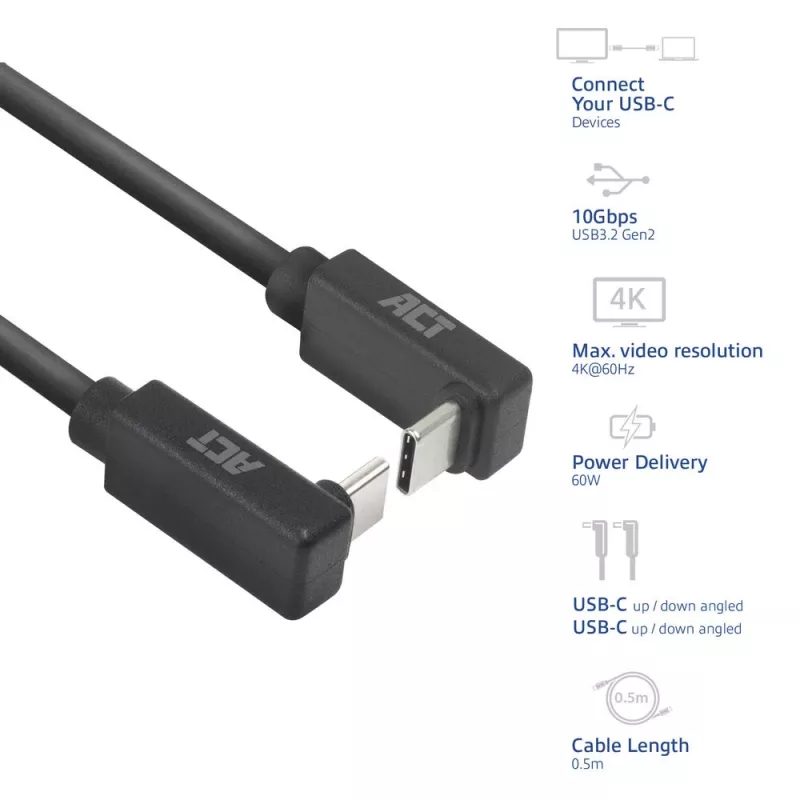 ACT USB 3.0 10Gbps 60W USB Type-C (kąt góra/dół) do USB Type-C (kąt góra/dół), kabel, 0,5 metra