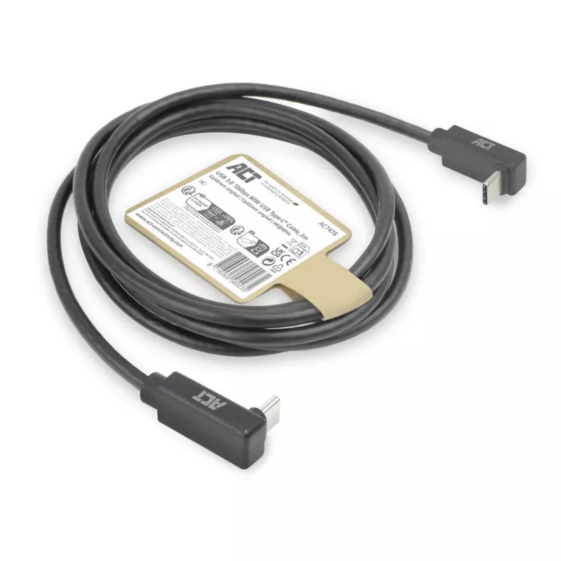 ACT USB 3.0 10Gbps 60W USB Type-C (kątowe w górę/w dół) do USB Type-C (kątowe w górę/w dół), kabel, 2 metry