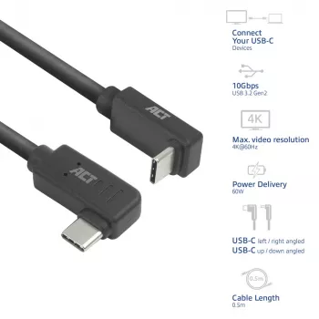 Kabel ACT USB 3.0 10Gbps 60W USB Type‑C (lewo/prawo kątowy) do USB Type‑C (góra/dół kątowy), 0,5 metra