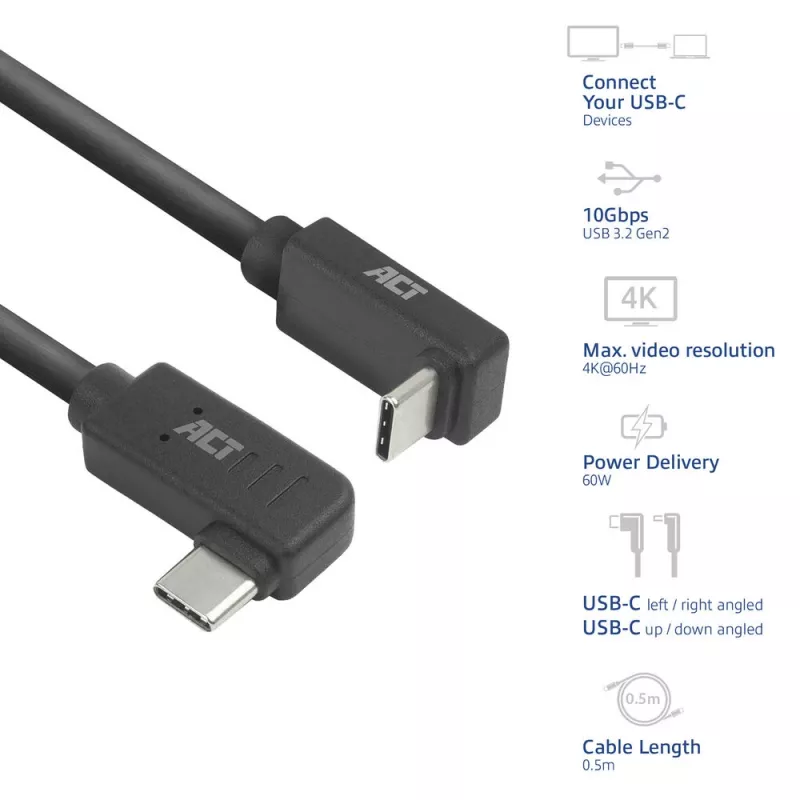 Kabel ACT USB 3.0 10Gbps 60W USB Type‑C (lewo/prawo kątowy) do USB Type‑C (góra/dół kątowy), 0,5 metra