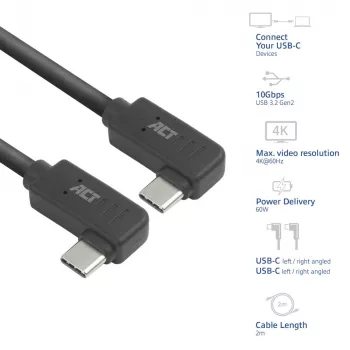 ACT USB 3.0 10Gbps 60W USB Type-C (kątowy lewy/prawy) do USB Type-C (kątowy lewy/prawy) kabel, 1 metr