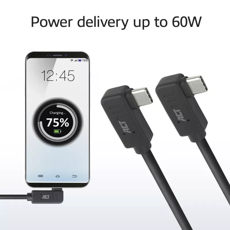 ACT USB 3.0 10Gbps 60W USB Type-C (kątowy lewy/prawy) do USB Type-C (kątowy lewy/prawy) kabel, 1 metr