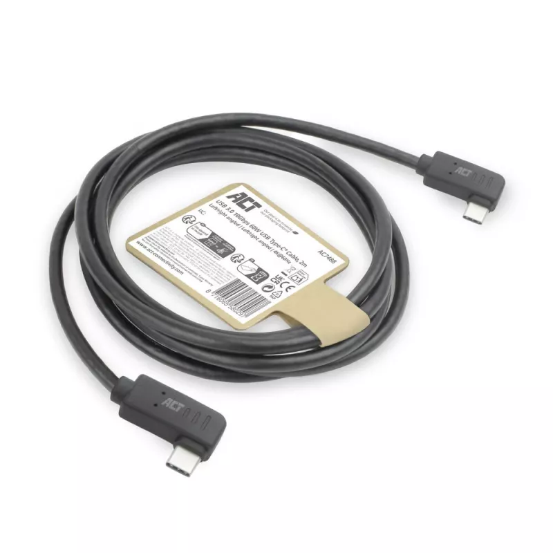 ACT USB 3.0 10Gbps 60W USB Type-C (kątowy lewy/prawy) do USB Type-C (kątowy lewy/prawy) kabel, 1 metr