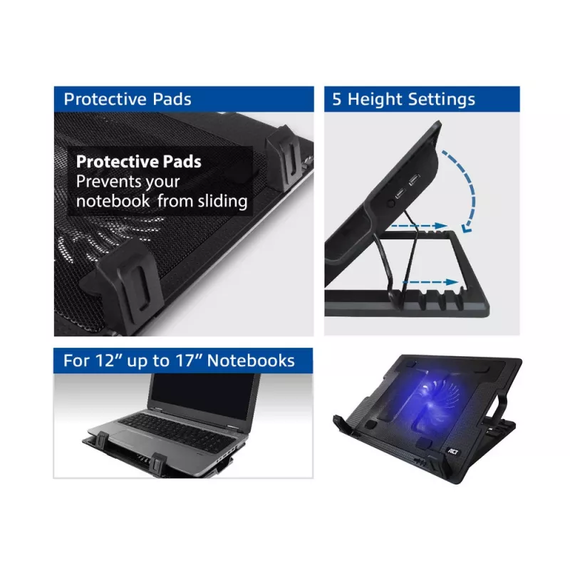 Podstawka pod laptop ACT z wentylatorem, 5-stopniowa regulacja wysokości, hub z 2 portami