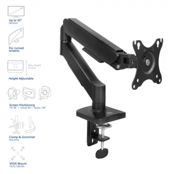 Ramię monitora ACT dla ekranów 35 cali, sprężyna gazowa, pojedynczy monitor, zacisk/przelotka, do 9 kg, VESA 75x75–100x100, pochylenie ±45°, czarny