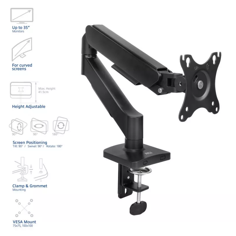Ramię monitora ACT dla ekranów 35 cali, sprężyna gazowa, pojedynczy monitor, zacisk/przelotka, do 9 kg, VESA 75x75–100x100, pochylenie ±45°, czarny